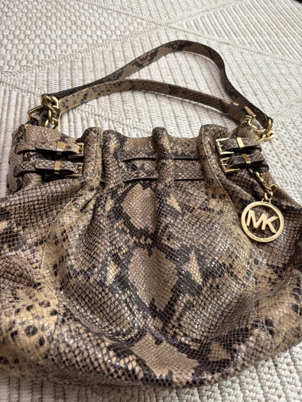 Michael Kors Snake-Print Shoulder Bag in Taupe and Black